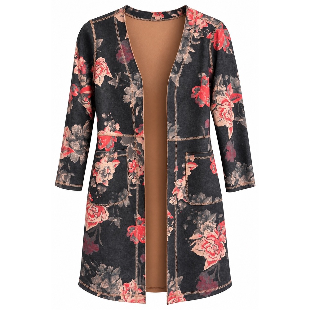 Tahari Faux Leather Floral Longline Jacket XS Gray Open Front Cardigan NWT